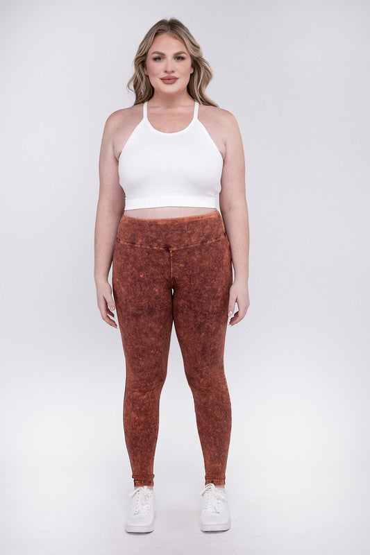 Stretchy Persimmon colored, mineral washed, full-length leggings with a wide waistband.