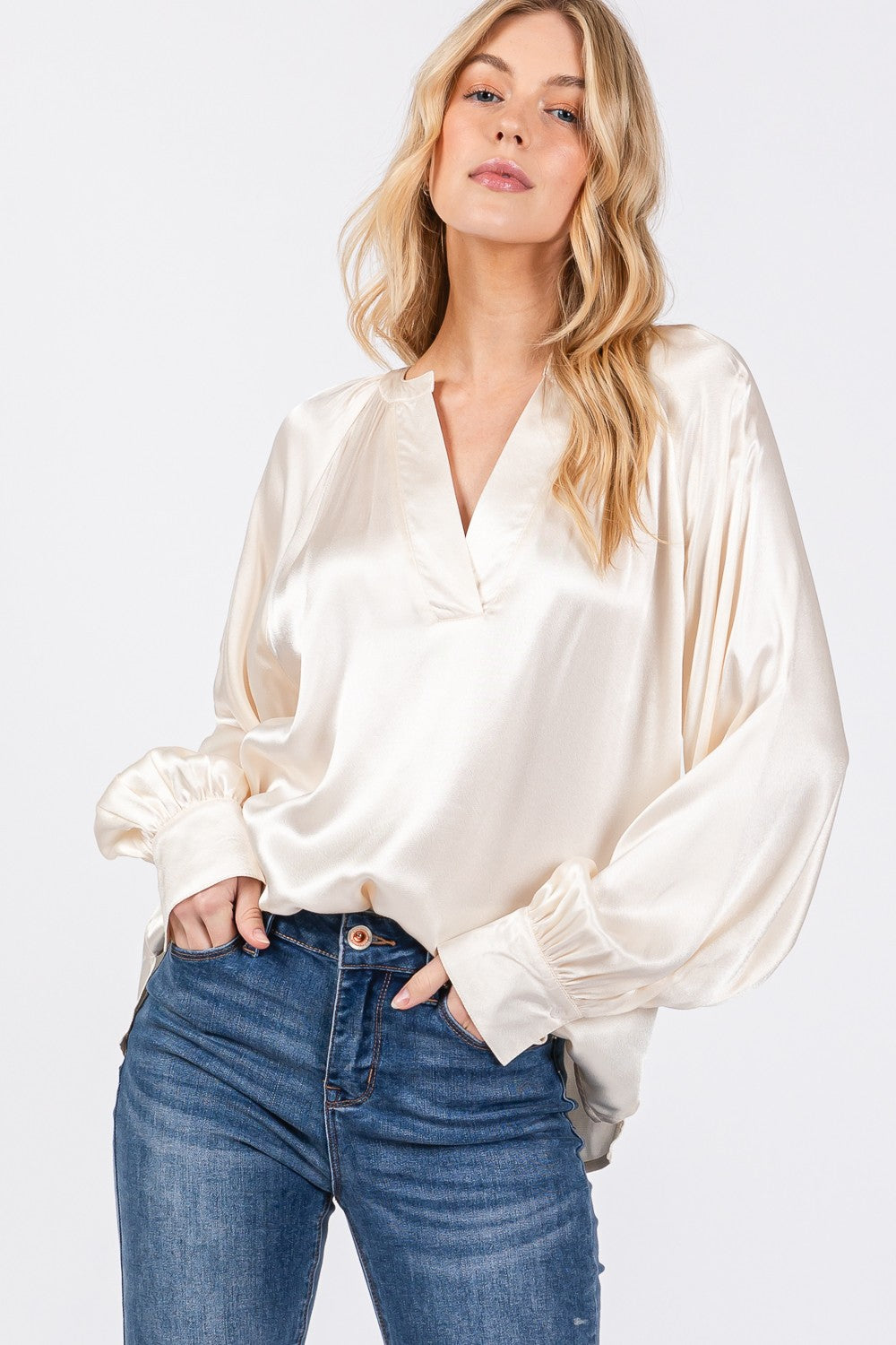 Demsy Notched Long Sleeve Blouse In Ivory