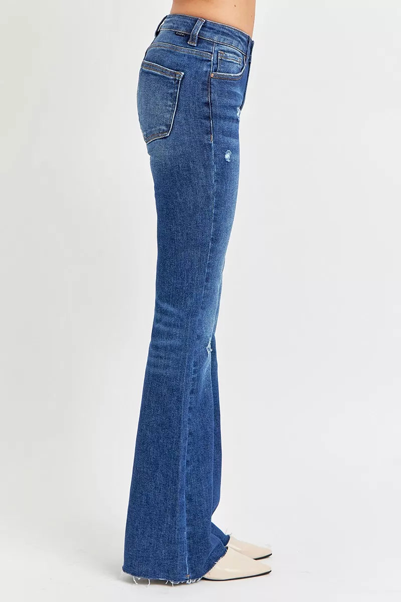 Side view of Jax Flare Jeans highlighting flare cut and raw hem