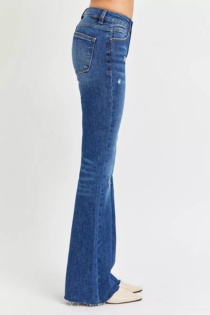 Side view of Jax Flare Jeans highlighting flare cut and raw hem