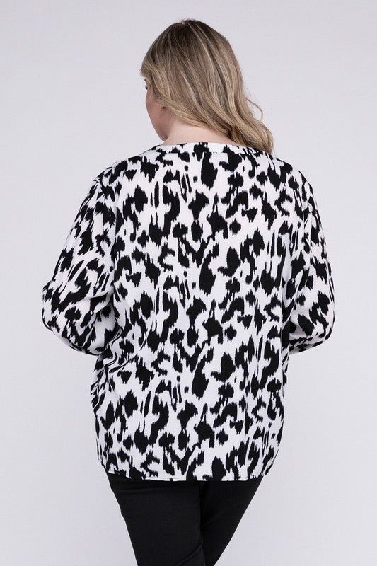 Lyna Curvy Plus Leopard Notched Neckline Blouse