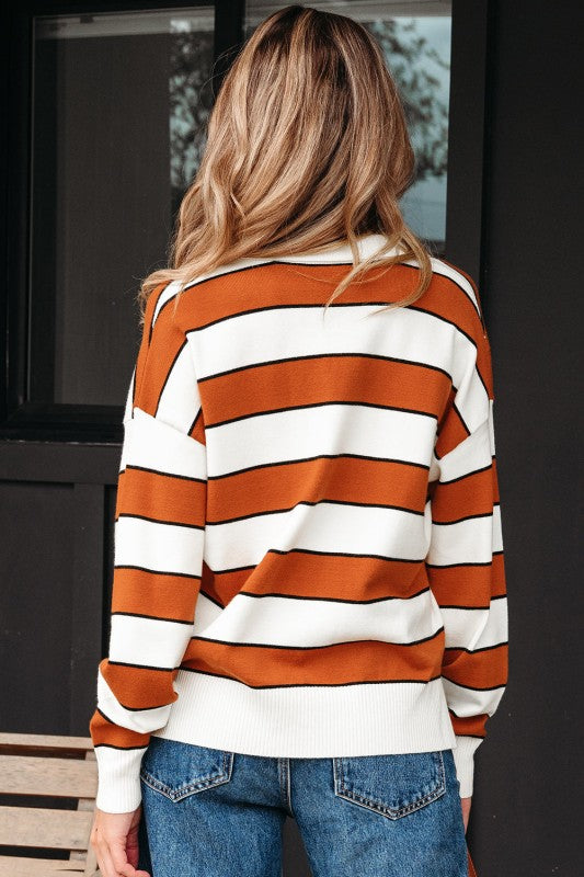 Valeria Stripe Sweater back view showing bold striped knit and ribbed hem