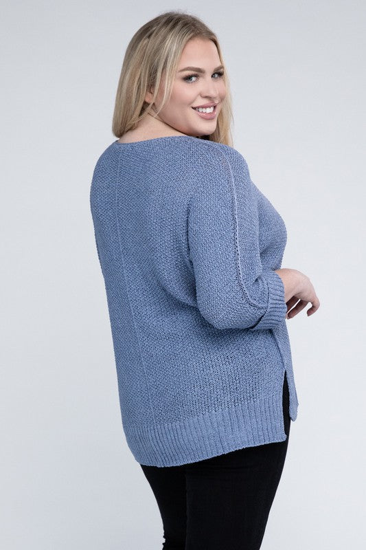 Periwinkle plus size crew neck sweater with a loose fit, side slits, long sleeves, and a cozy knit fabric for warmth.