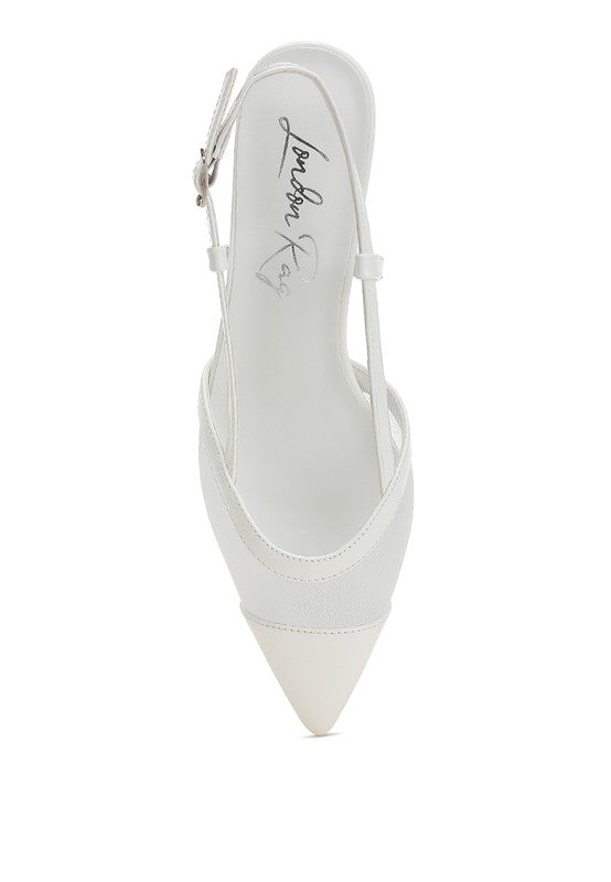 Top view of White Iyla Mesh Slingback Heels showing cushioned insole and pointed toe design