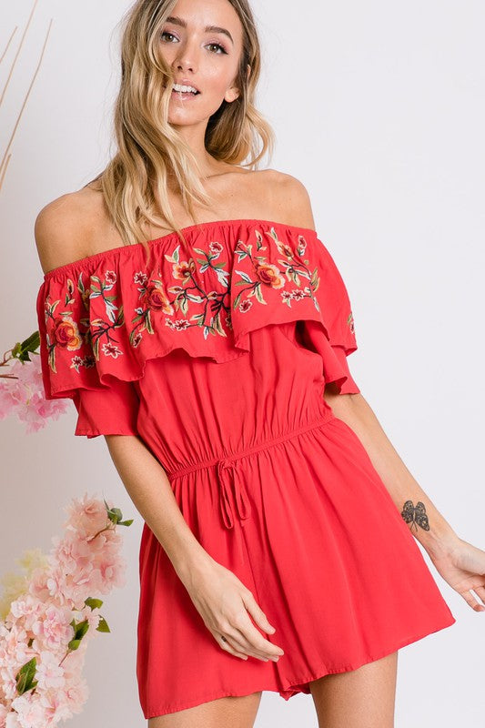 Kenzy Floral Embroidered Off Shoulder Romper