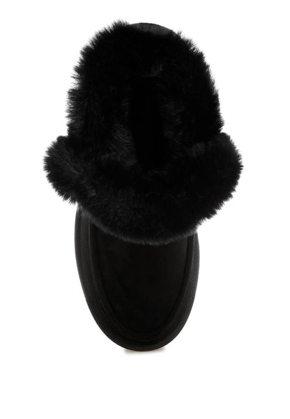 Black Linka Boots with faux fur trim, TP rubber sole, and flatform heel design.