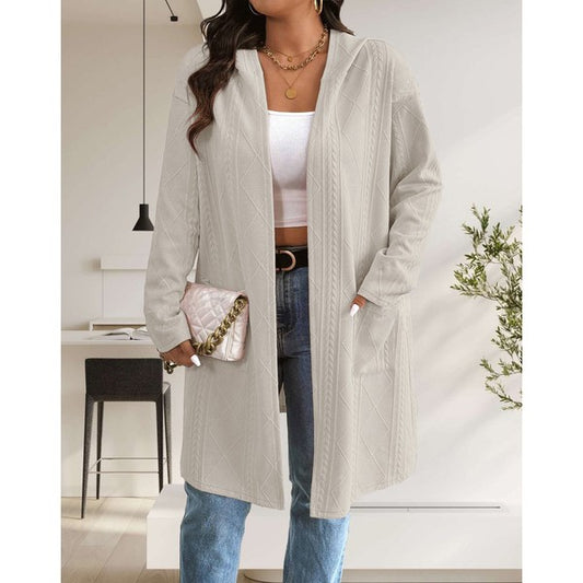 Makeda Hooded Cable Knit Cardigan in khaki, front view showing open front and pockets.