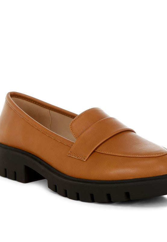 Peridot Chunky Loafers in tan showing smooth faux leather texture and cushioned insole.