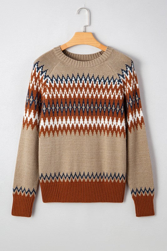 Eva Aztec Crew Neck Sweater hanging front view on display.