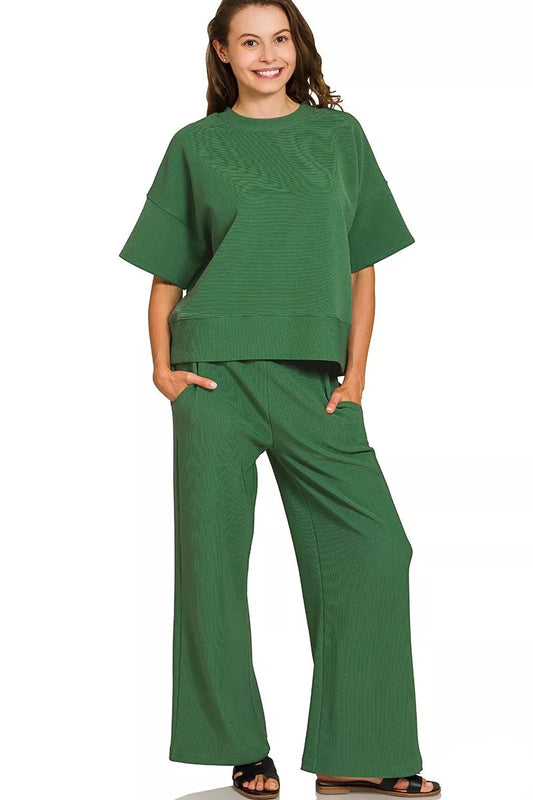 Tori Ribbed Round Neck Tee & Pants Set Dark Green front view, short sleeve tee with matching lounge pants.