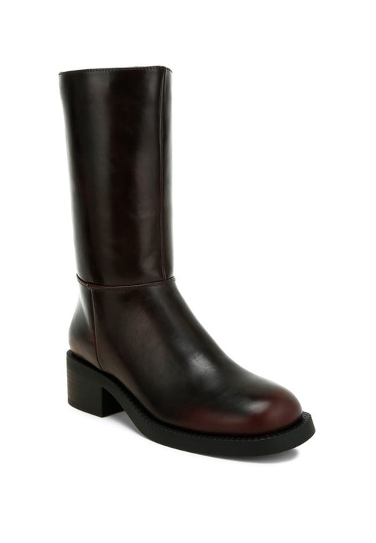 Front angle view of Soora Block Heel Calf Boots in brown faux leather