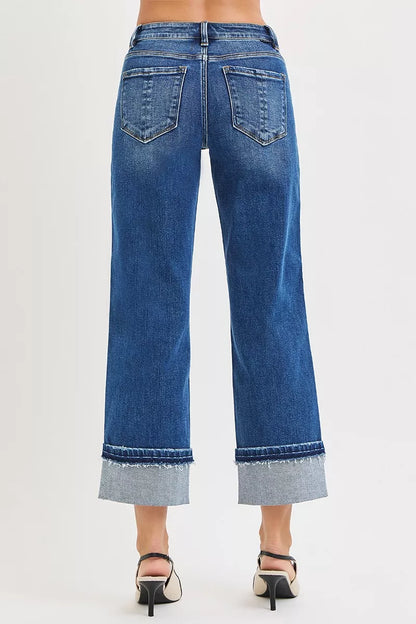 Back of Vera Mid Rise Straight Jeans with pockets and cuffed hem.
