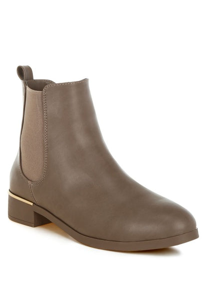 Taupe Yacht Winter Ankle Boots with smooth faux-leather and gold heel trim.