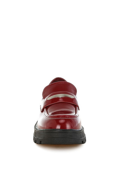Front view of Burgundy Gleam Stride Chunky Loafers showing pointed round toe and slip-on design.