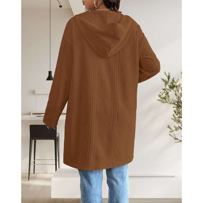 Makeda Hooded Cable Knit Cardigan in brown, back view highlighting length.