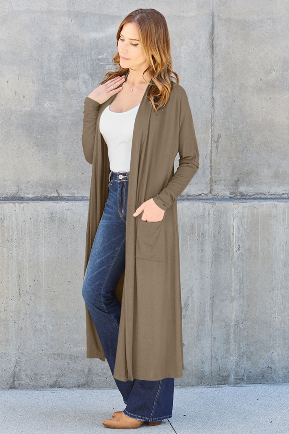 Chestnut open-front long-sleeve cover-up with a flowy design and pockets, perfect for layering on breezy days.