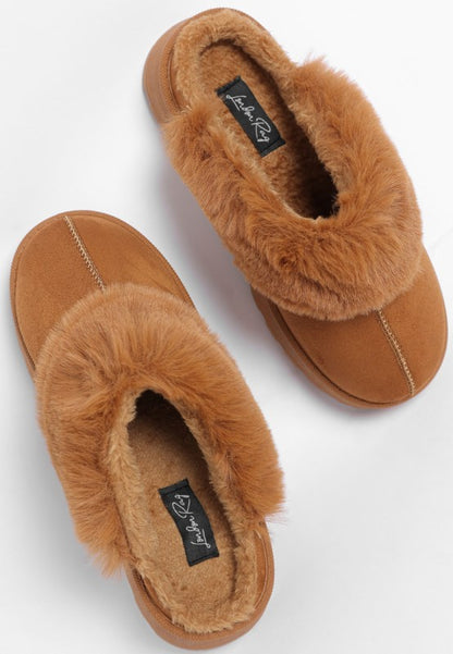 Overhead shot of Tan Portho Faux Fur Slip Ons showing cozy lining and cushioned insole.