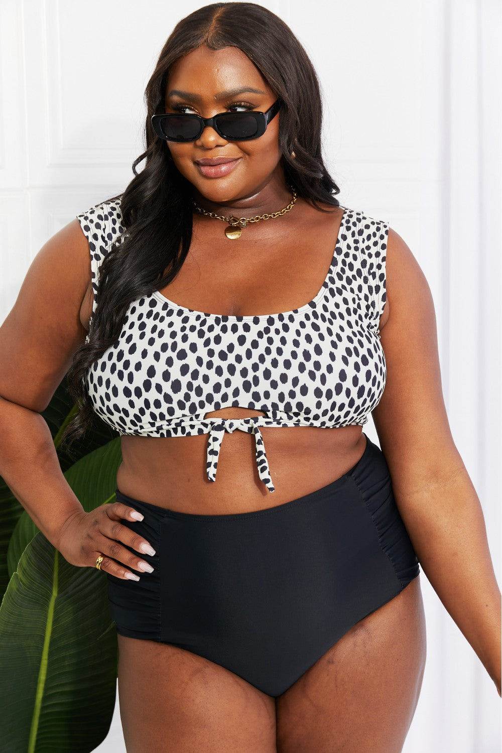 Sanibel Crop Swim Top and Ruched Bottoms Set in Spots/Black By Marina West Swim