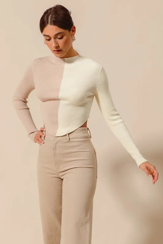 Front view of Bess Sweater Top, seamless taupe and ivory color block.