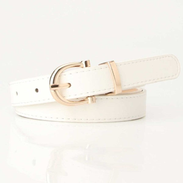 Tally Vegan Leather Belt in white featuring gold buckle and sleek modern style