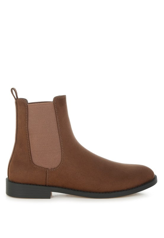 Side view of Ayasa Low Block Heel Chelsea Boots in Brown faux suede with pull tab and comfort fit