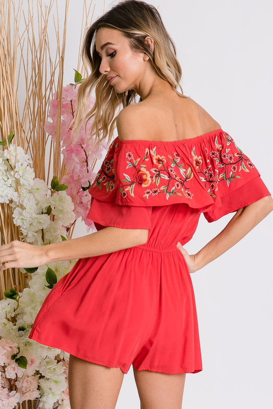 Kenzy Floral Embroidered Off Shoulder Romper