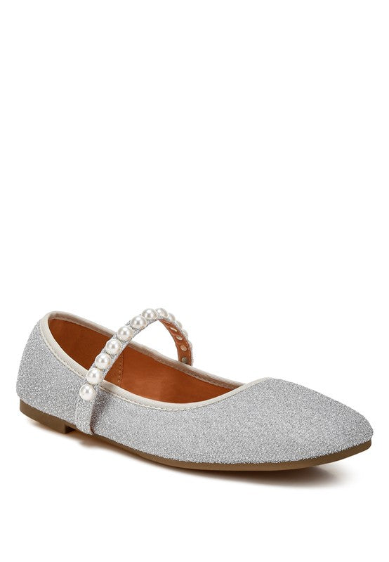 Front angle view of silver Corphee Pearl Strapped Glitter Ballerinas highlighting pearl strap and glitter texture.