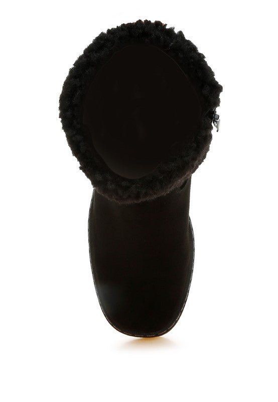 Top view of Black Woolly Faux Fur Embroidered Boots with round toe and fur collar.