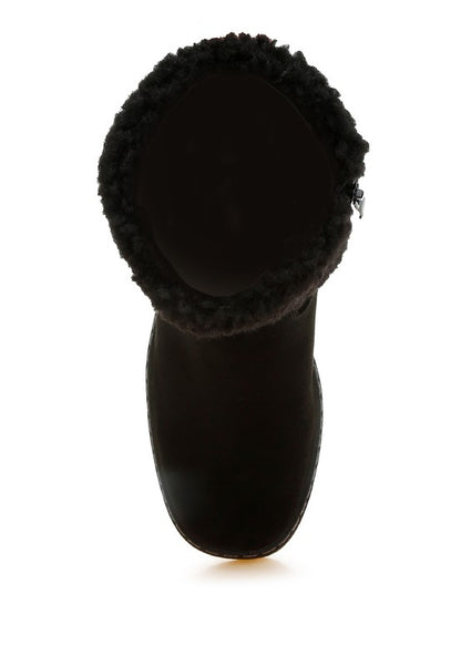Top view of Black Woolly Faux Fur Embroidered Boots with round toe and fur collar.