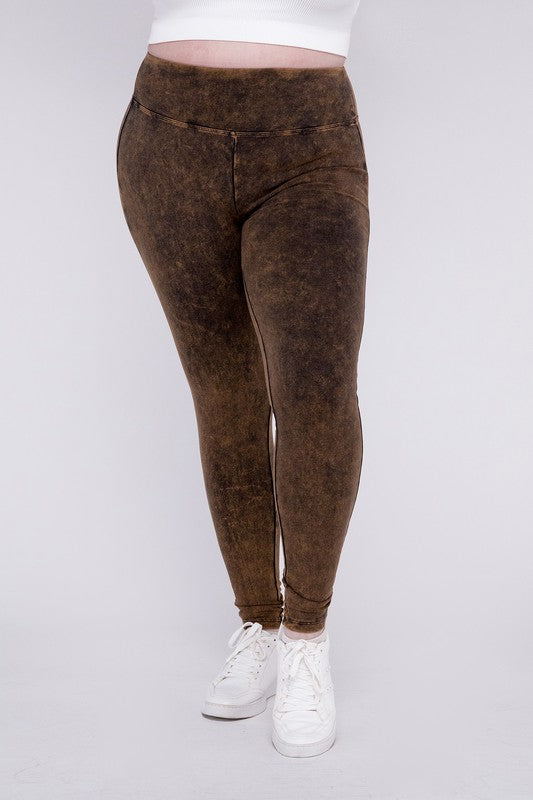 Stretchy Americano colored, mineral washed, full-length leggings with a wide waistband.