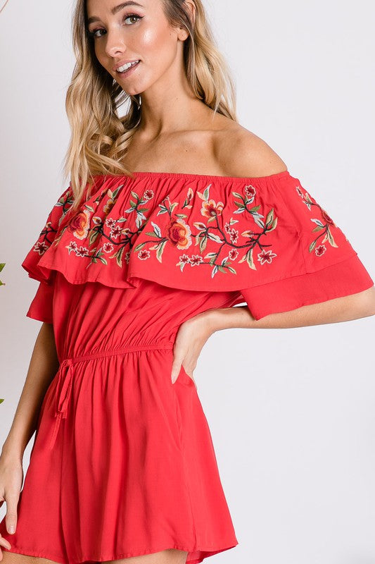 Kenzy Floral Embroidered Off Shoulder Romper