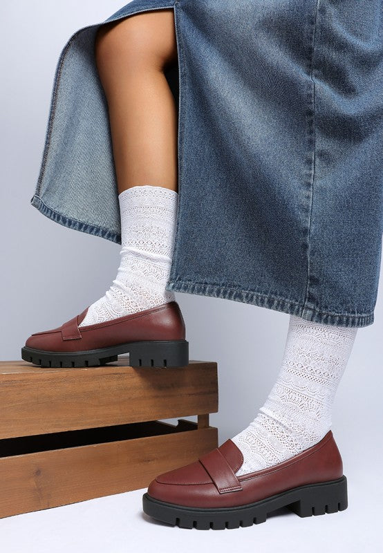 Peridot Chunky Loafers in burgundy inside view showing smooth structure and low heel.