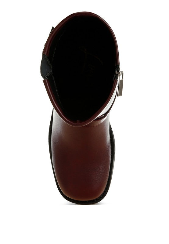 Top view of burgundy Caribou Biker Boots with cushioned insole and round toe.