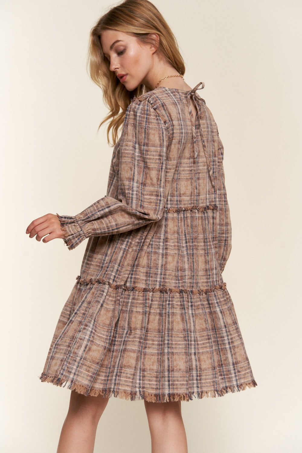 Andrea Washed Frayed Tiered Plaid Dress