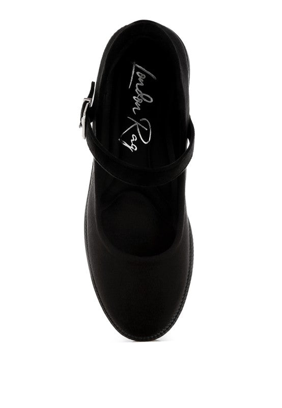 Top view of Stivah Mary Janes showing pin buckle mid-foot strap.