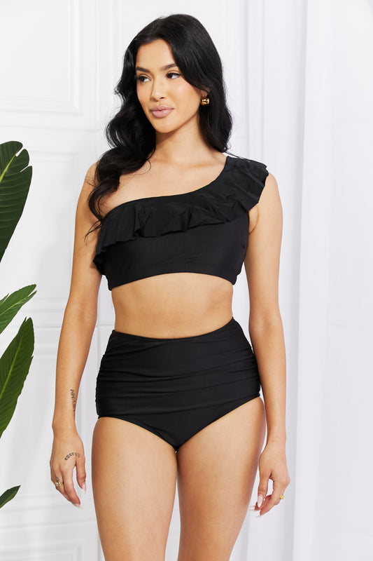 Nissi Ruffle One-Shoulder Bikini in Black By Marina West Swim