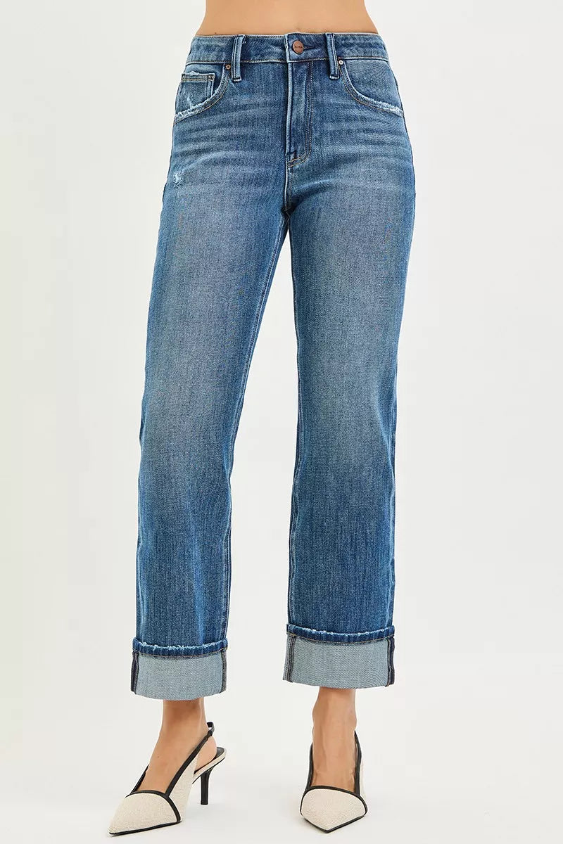 Front view of Cara Slouchy Straight Jeans in dark wash showing relaxed fit and cuffed cropped hem.