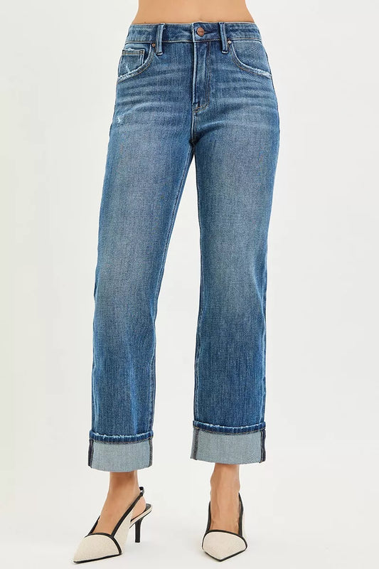 Front view of Cara Slouchy Straight Jeans in dark wash showing relaxed fit and cuffed cropped hem.