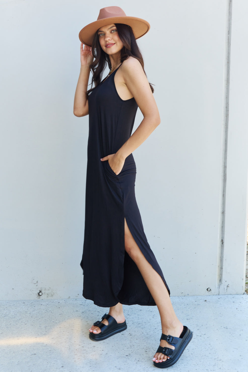 Ginny Cami Side Slit Maxi Dress in Black