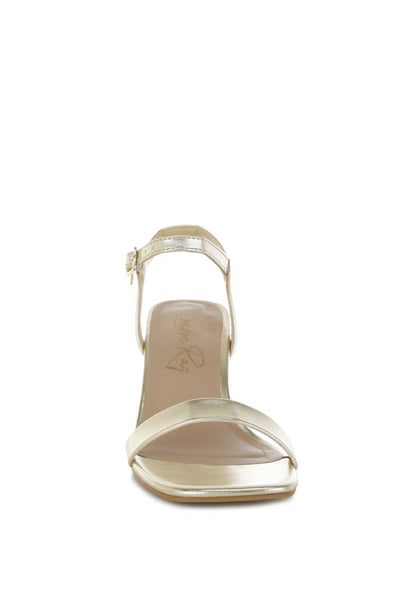 Front view of Kazara Metallic Block Heels with metallic faux leather finish.