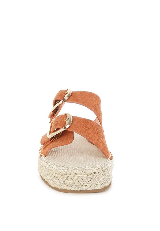 Tan genuine leather espadrille flatform sandal front view with open square toe and adjustable buckle strap.