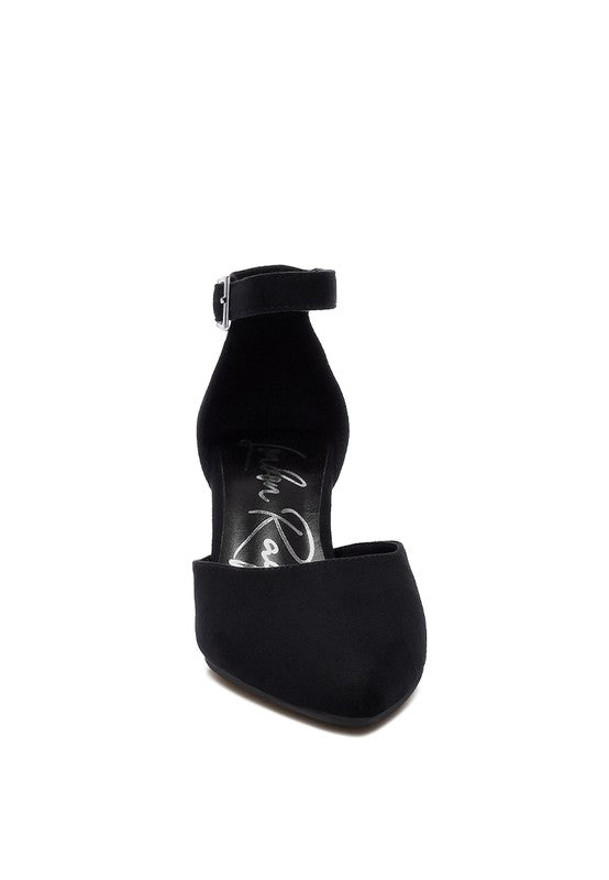 Black Rozita Block Heels showing closed pointed toe and ankle strap fastening