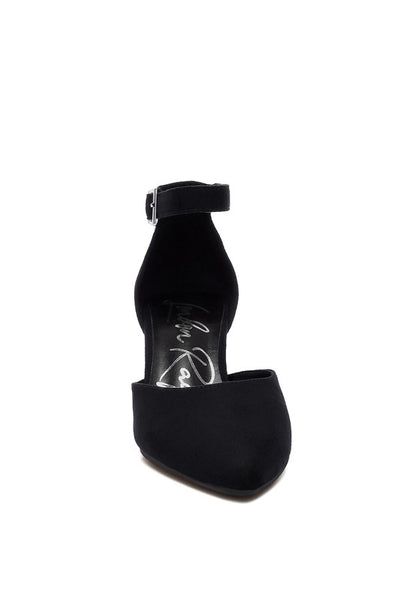 Black Rozita Block Heels showing closed pointed toe and ankle strap fastening