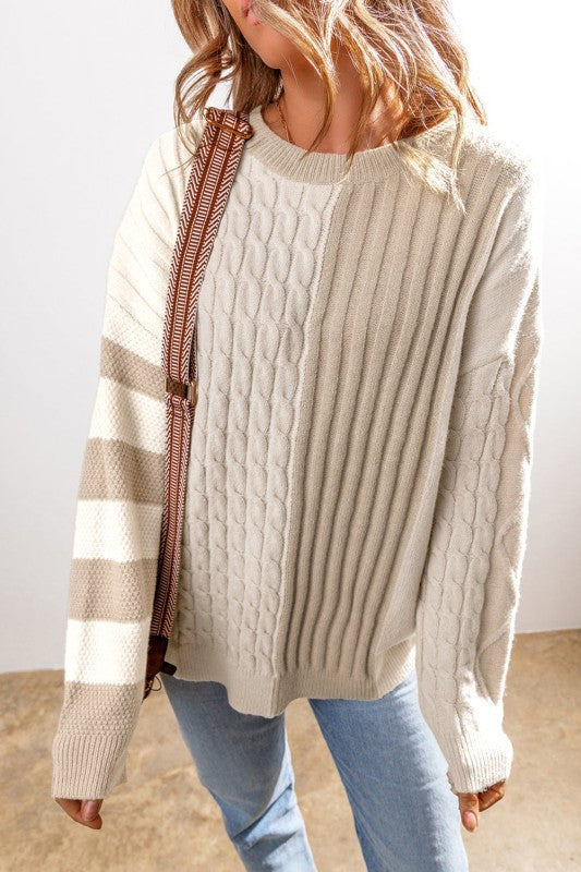 Front view of Gille Cable Knit Sweater – khaki color block, crew neck style