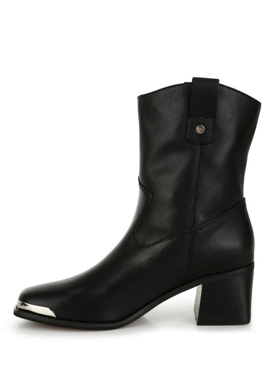 Inside view of Iliad Leather Ankle Boots with metallic toe and stacked heel.