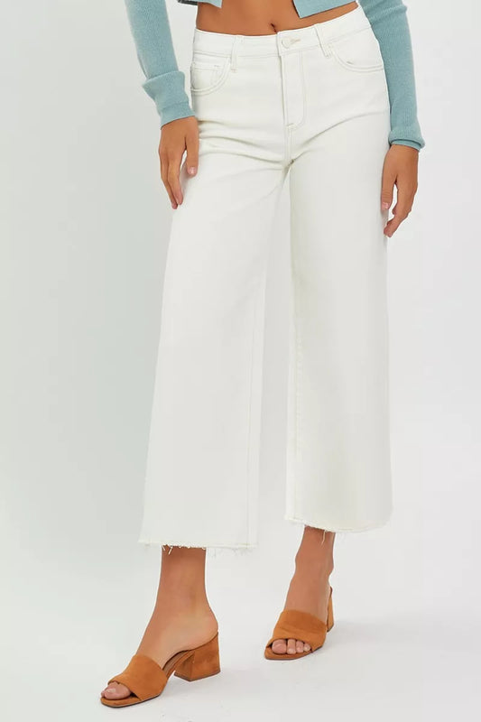 Joni Cream High Rise Crop Wide Jeans with tummy control, front view.