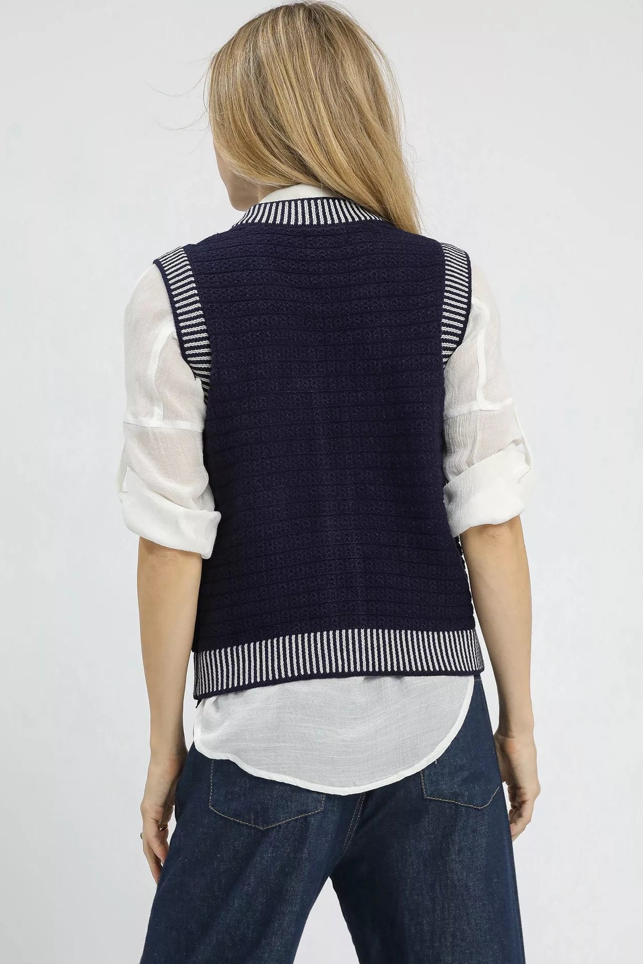 Back view of Mirren Contrast Striped Trim Sweater Vest with navy and cream design.