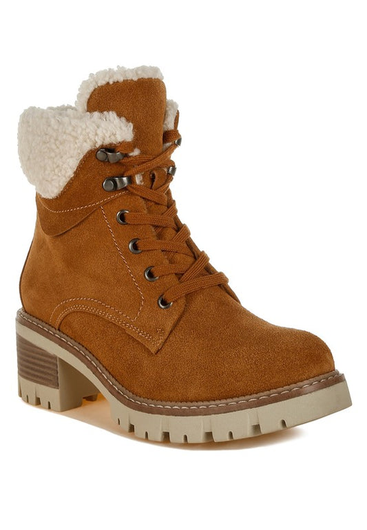 Front angle of Tan Madoka Chunky Ankle Boots with fur collar, lace-up front, and block heel.