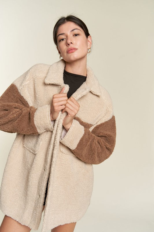 Deedre Sherpa Jacket in taupe, alternate front view showing oversized fit and patch pockets.
