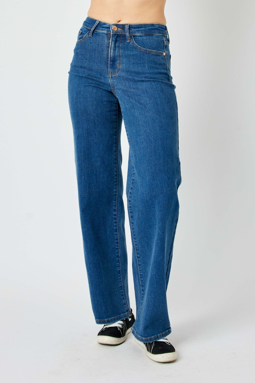 Judy Blue high-rise straight leg jeans in a medium wash with moderate stretch.